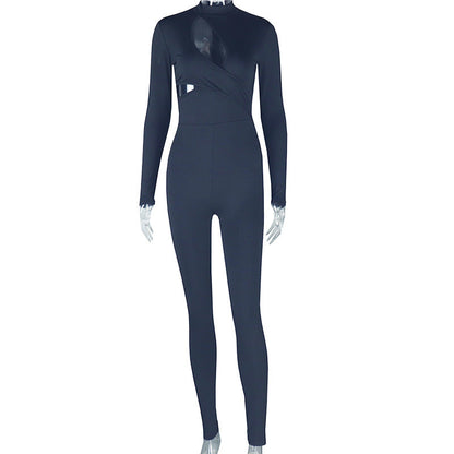 Wear Tight Fitting Color Micro Elastic Jumpsuit Long Sleeved Trousers Hollow Out Cutout Mid Waist Thin Jumpsuit