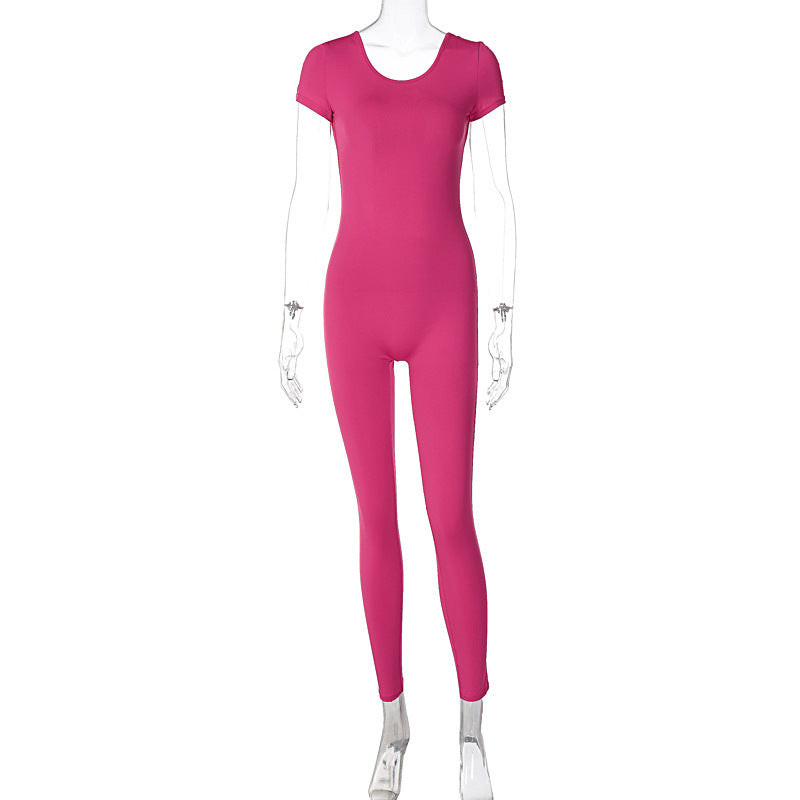 Summer Clothing Color Short Sleeve Backless Slim Fit Hip Lifting Sport Fitness Jumpsuit