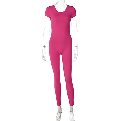 Summer Clothing Color Short Sleeve Backless Slim Fit Hip Lifting Sport Fitness Jumpsuit