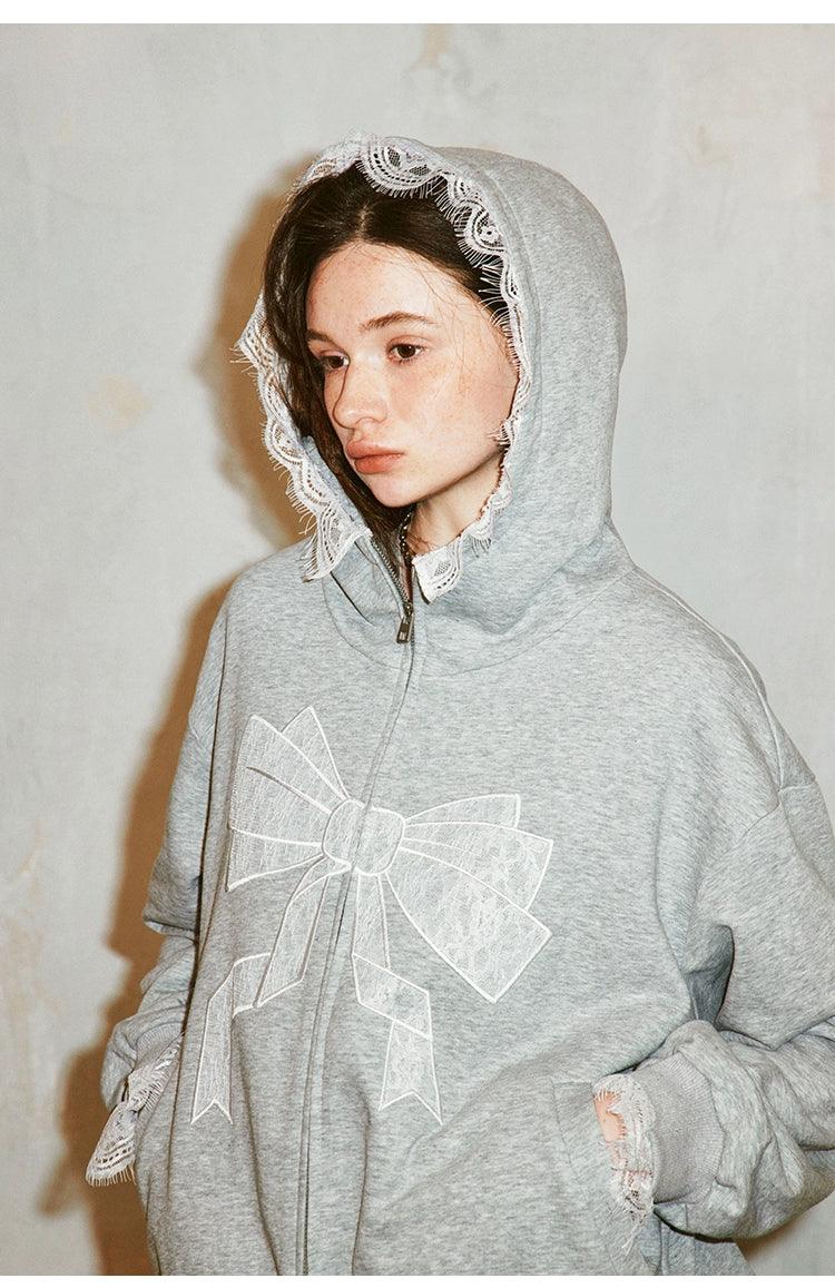 Diddi Moda Bow Print Hoodie - Gray Zip-up Sweatshirt With Lace Trim and Graphic Design