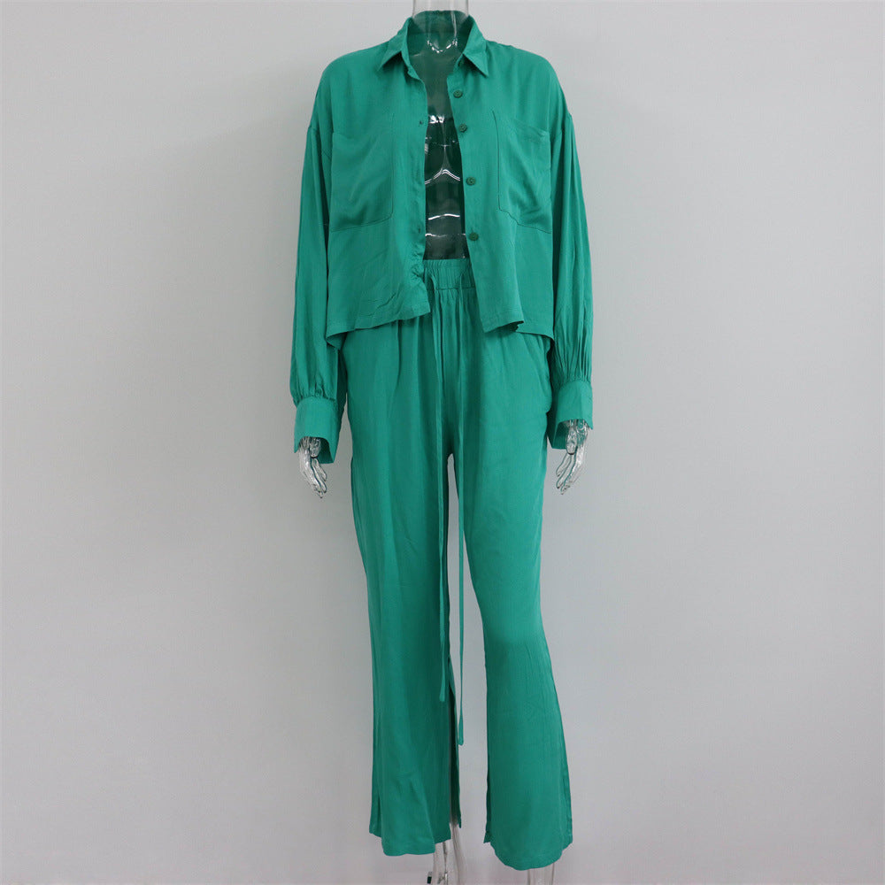 Commuting Wear Spring Summer Polo Collar Shirt Top Split Wide Leg Pants Two Piece Set Set