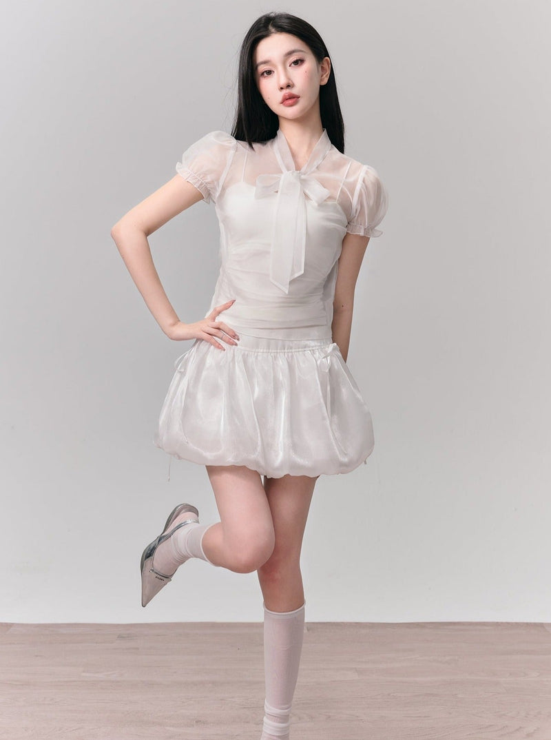 Ethereal White Summer Set: Puff-sleeve Crop Top & Scalloped Tie-side Mini Skirt
