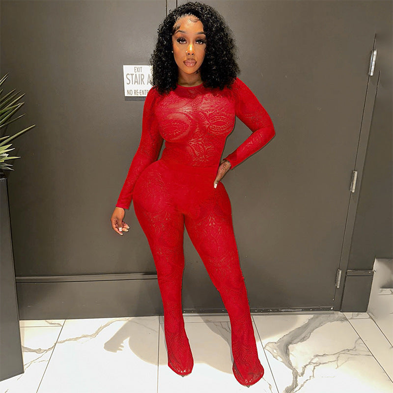 Clothing Autumn Winter Lace Hollow Out Cutout Out See Through Jumpsuit Trousers Sets