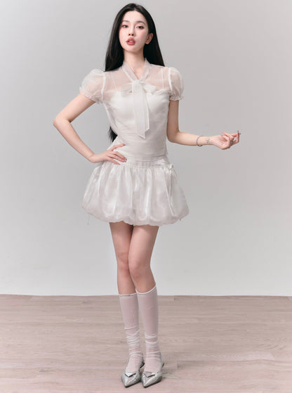 Ethereal White Summer Set: Puff-sleeve Crop Top & Scalloped Tie-side Mini Skirt