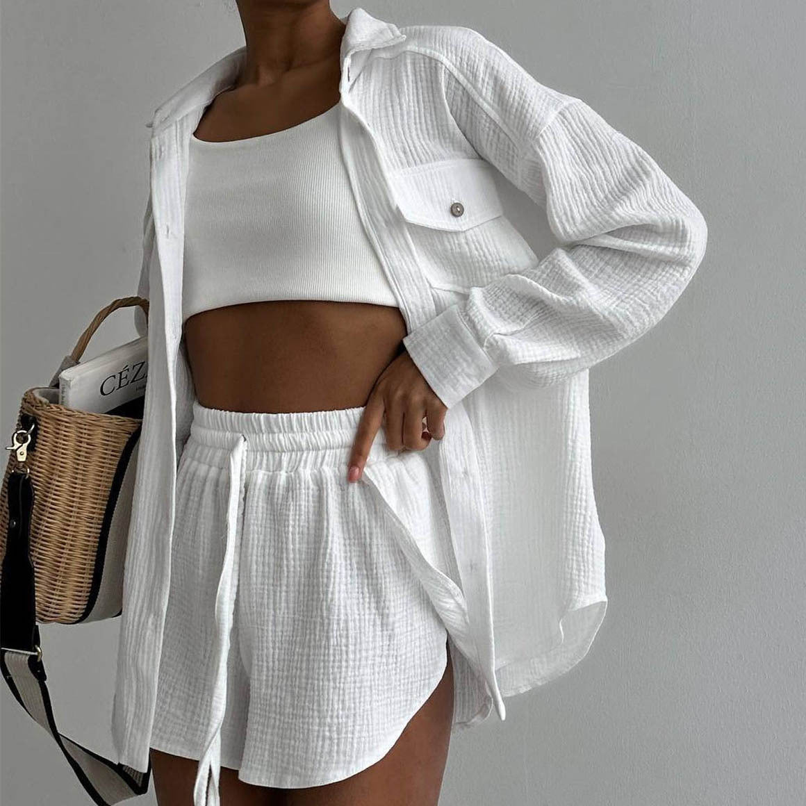 Clothing Spring Collared Loose Shirt High Waist Shorts Two Piece Set Set