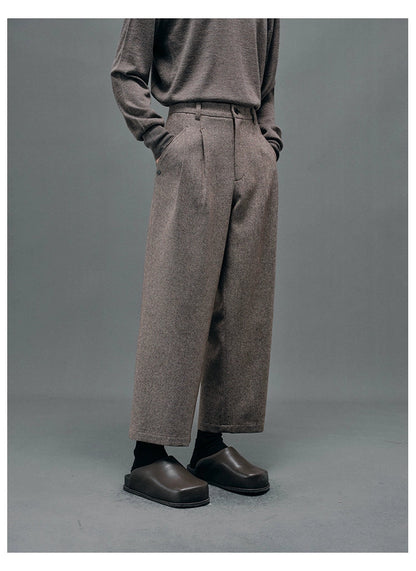 Double-pleated Semi-elastic Waist Cropped Pants