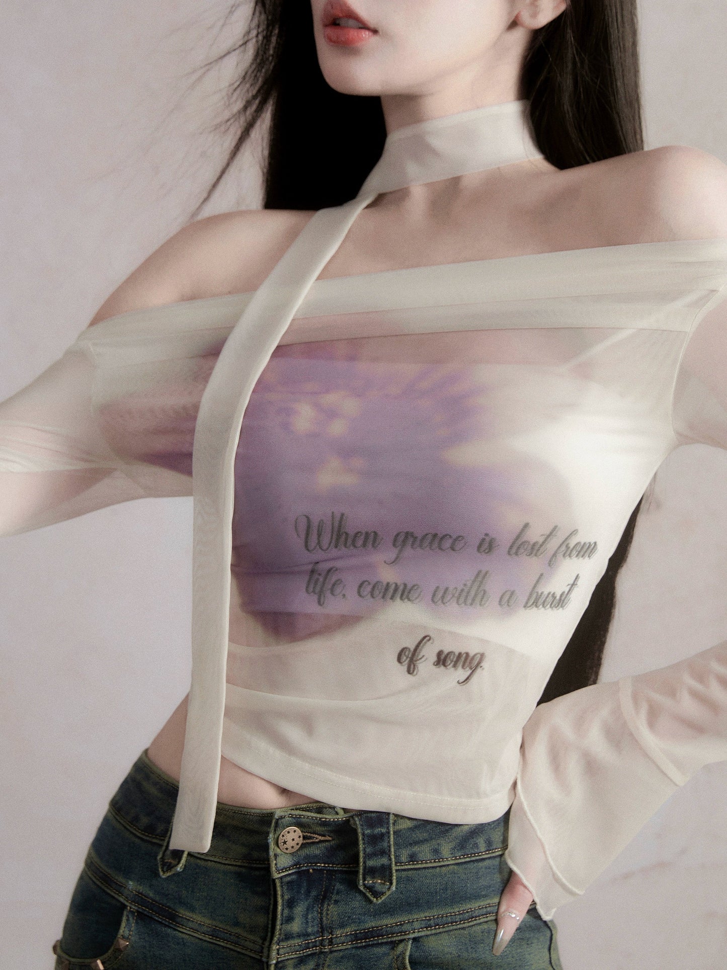 Ethereal Off-shoulder Crop Top - Sheer Long Bell Sleeve Blouse With Ribbon Tie and Watercolor Print