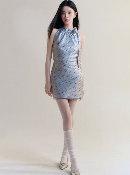 Polka Dot Halter Neck Mini Dress in Light Blue