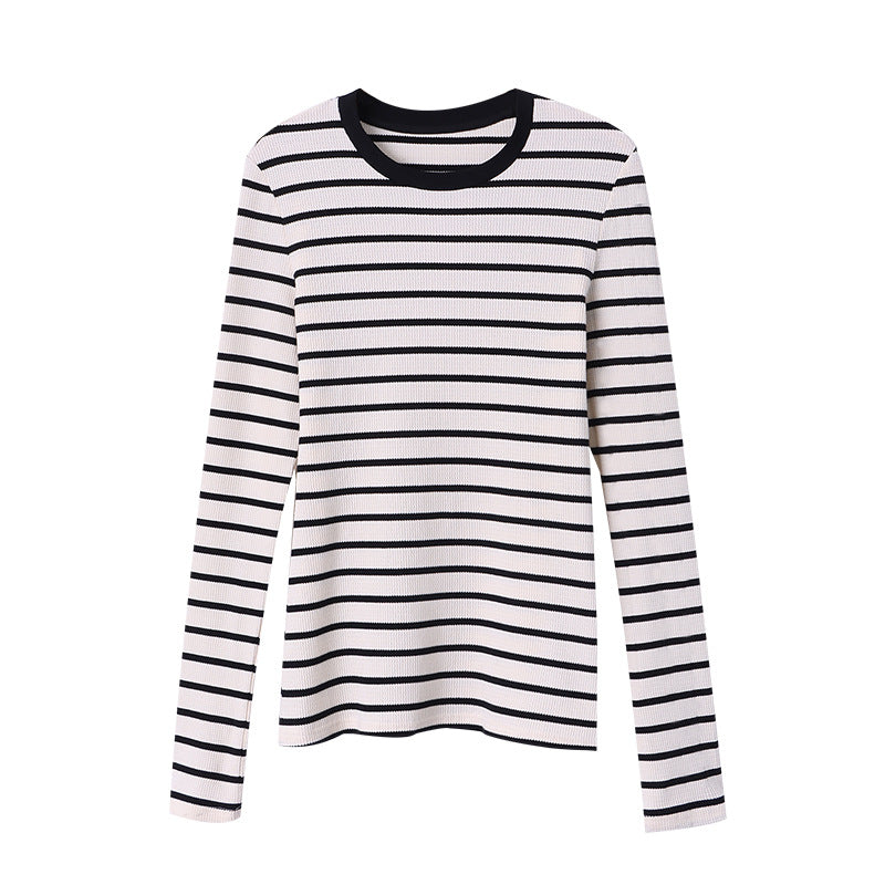 Sinanbo Daily Fashionable Walf Checks Fabric Black Edge Small Round Neck Striped T-shirt Bottoming Shirt