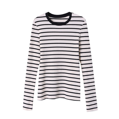 Sinanbo Daily Fashionable Walf Checks Fabric Black Edge Small Round Neck Striped T-shirt Bottoming Shirt