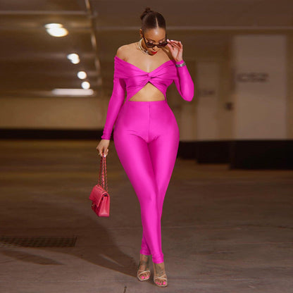 Clothing Collared Twist Hollow Out Cutout Cropped High Waist Long Sleeve Jumpsuit