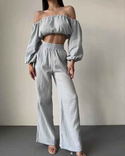 Two Piece Summer Pure Cotton Champray Color Off Neck Short Sleeved Top High Waist Wide Leg Pants Suit