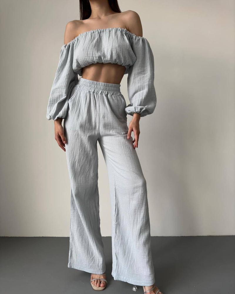 Two Piece Summer Pure Cotton Champray Color Off Neck Short Sleeved Top High Waist Wide Leg Pants Suit