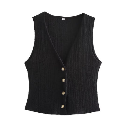 Texture Single Breasted Vest Jacket High Waist Straight Leg Pants Two Piece Sets
