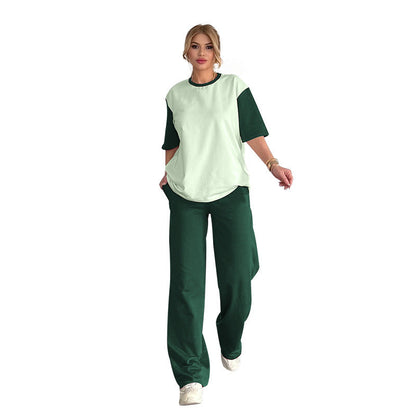 Summer Contrast Color Round Neck Short Sleeved T Shirt Wide Leg Pants Two Piece Sets