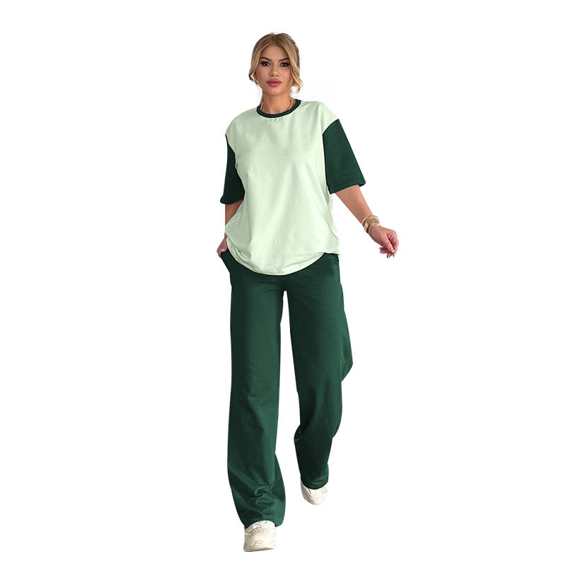 Summer Contrast Color Round Neck Short Sleeved T Shirt Wide Leg Pants Two Piece Sets