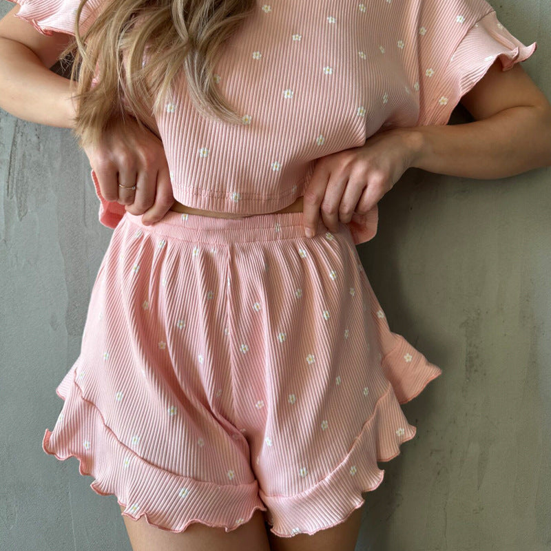 Summer Printing Suit Ruffled Short Sleeve Round Neck Shorts Pajamas Two Piece Set