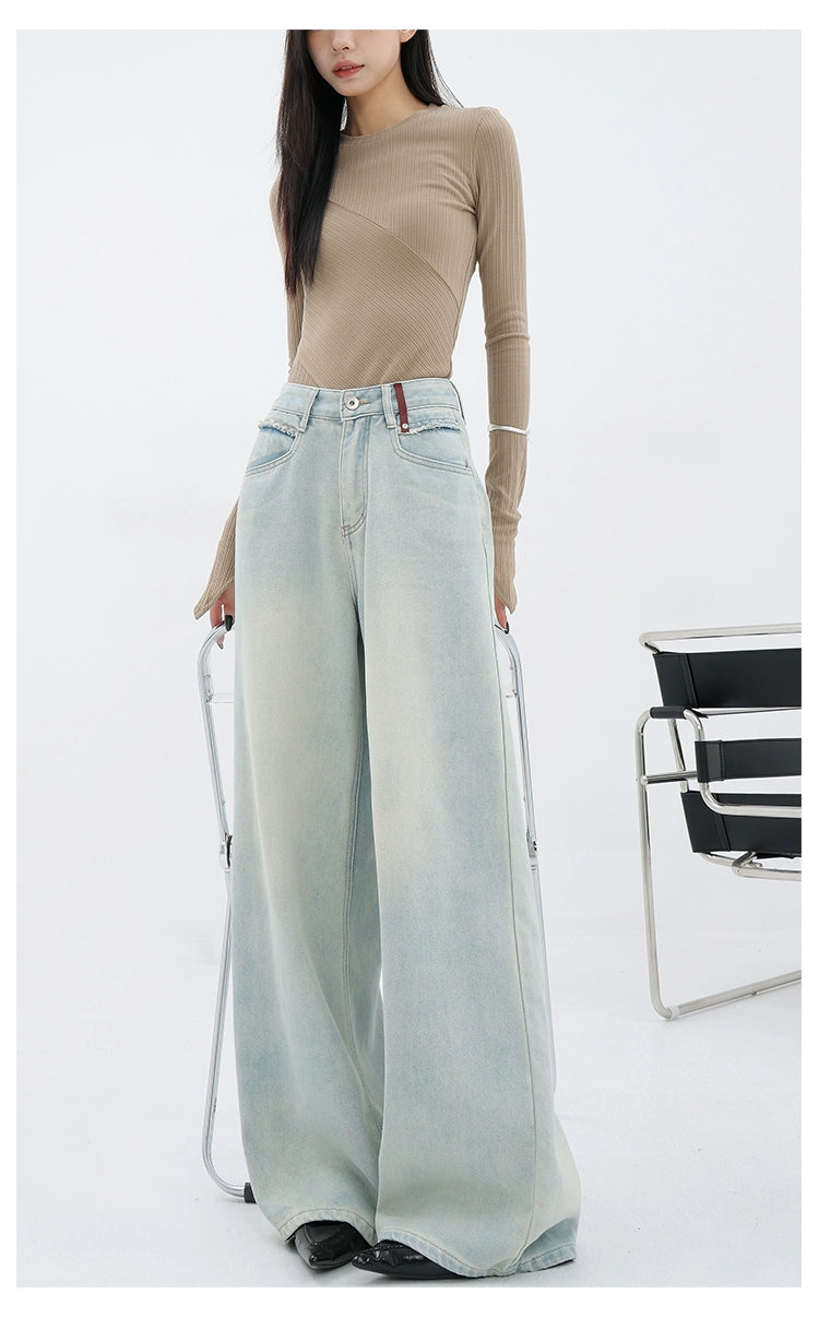 Light Blue Loose Straight Wide-leg Denim Pants With Embroidery Design