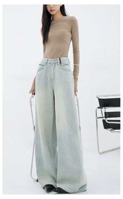 Light Blue Loose Straight Wide-leg Denim Pants With Embroidery Design