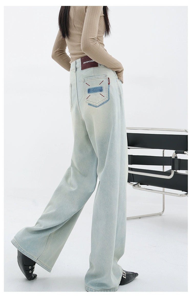 Light Blue Loose Straight Wide-leg Denim Pants With Embroidery Design