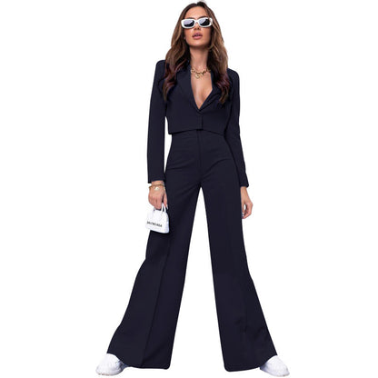 Autumn Winter Color Short Long Sleeve Small Suit High Waist Wide Leg Pants Suit