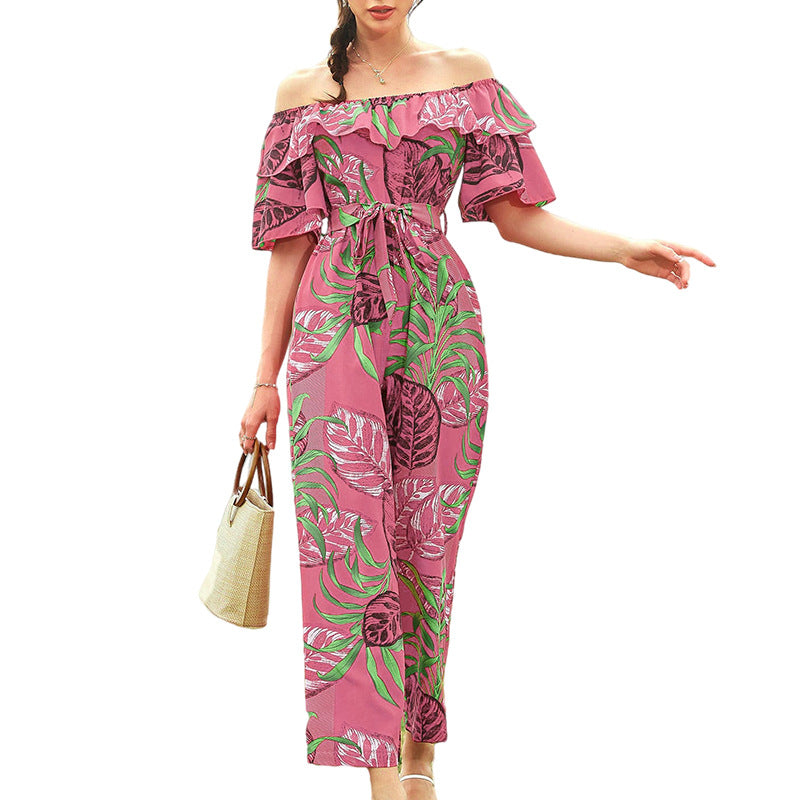 Clothing Off-shoulder Jumpsuit Summer Short Sleeve Chiffon Vacation Beach Jumpsuit
