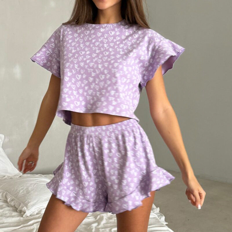 Summer Printing Suit Ruffled Short Sleeve Round Neck Shorts Pajamas Two Piece Set