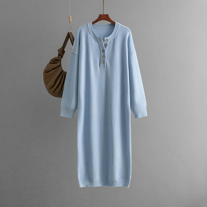 Autumn Winter Button Knitwear Dress Color Loose Sweater