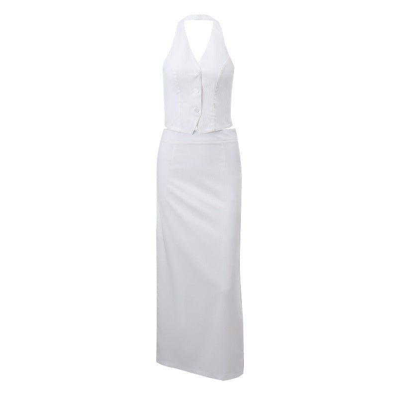 Fall Clothing Two Piece Suit V Neck Halter Strap Top Low Waist Slit Skirt