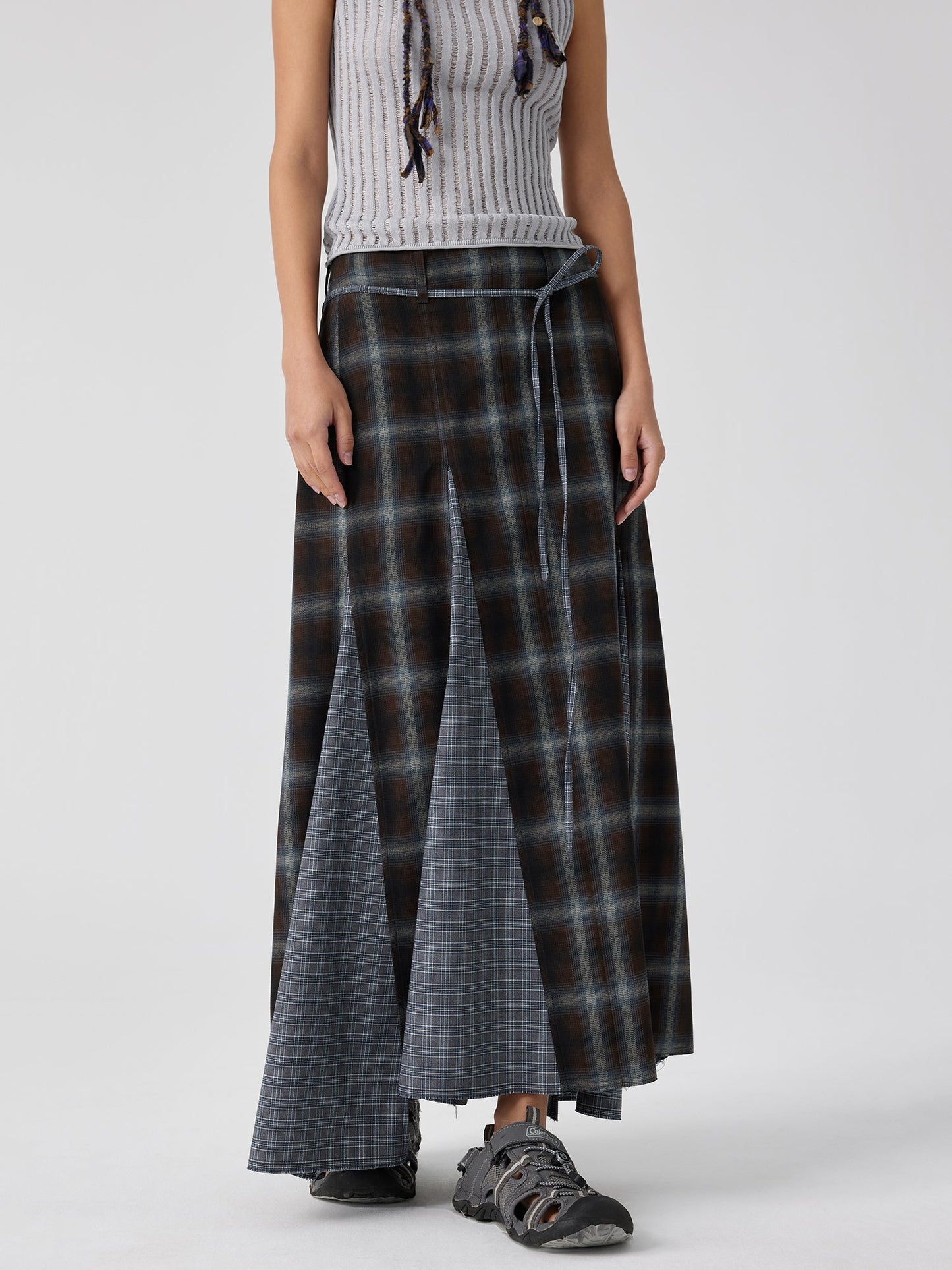 Plaid Asymmetric Panel Mermaid Long Skirt