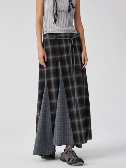 Plaid Asymmetric Panel Mermaid Long Skirt