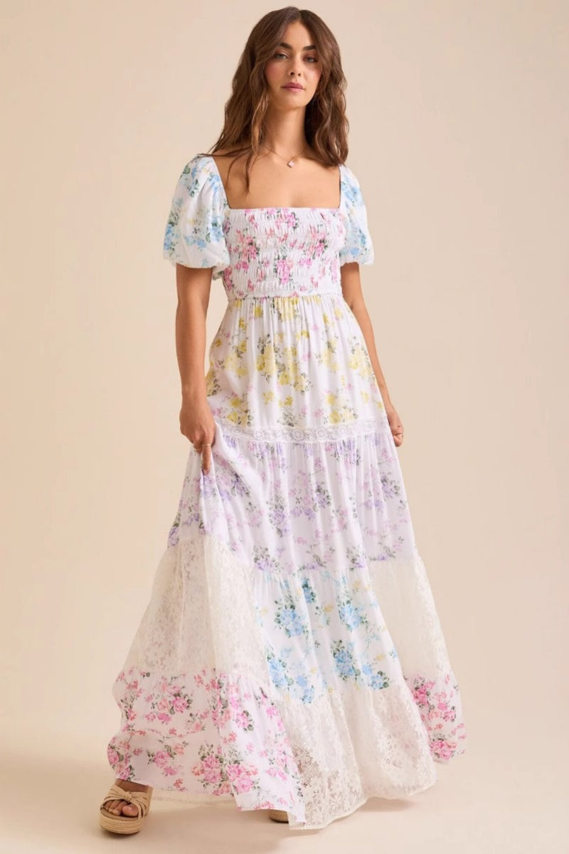 Print Short Sleeve A-line Midi Dress