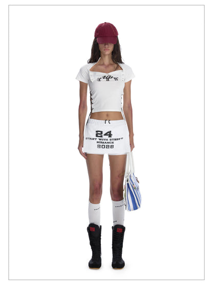 24ans Lace-up Graphic Crop Top - Short Sleeve Side-tie T-shirt