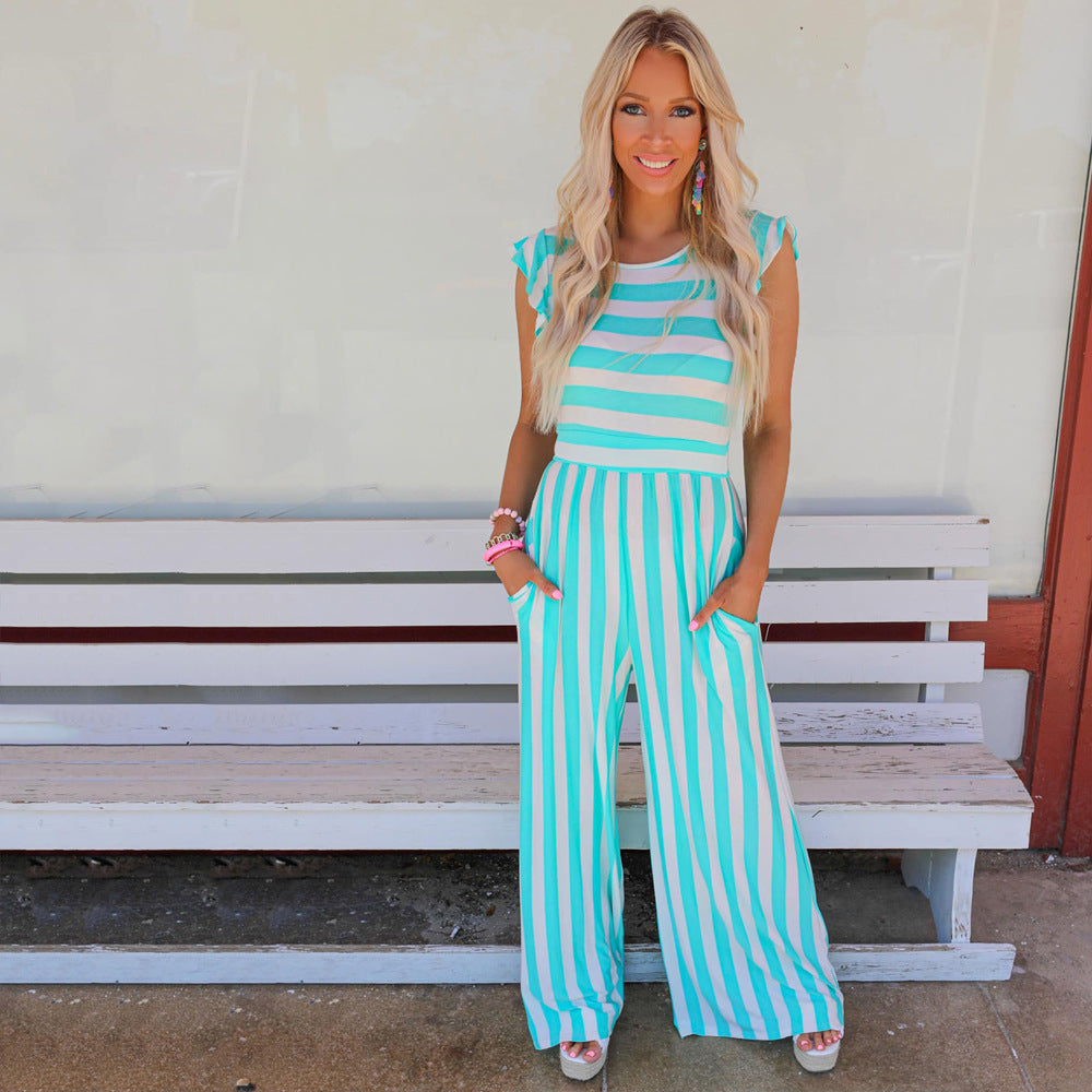 Summer Striped Round Neck Sleeveless Jumpsuit