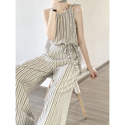 Retro Striped Suit Summer Suspender Top Wide Leg Pants Two Piece Set