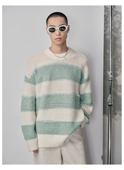 Irregular Wide-striped Oversized Round Neck Sweater