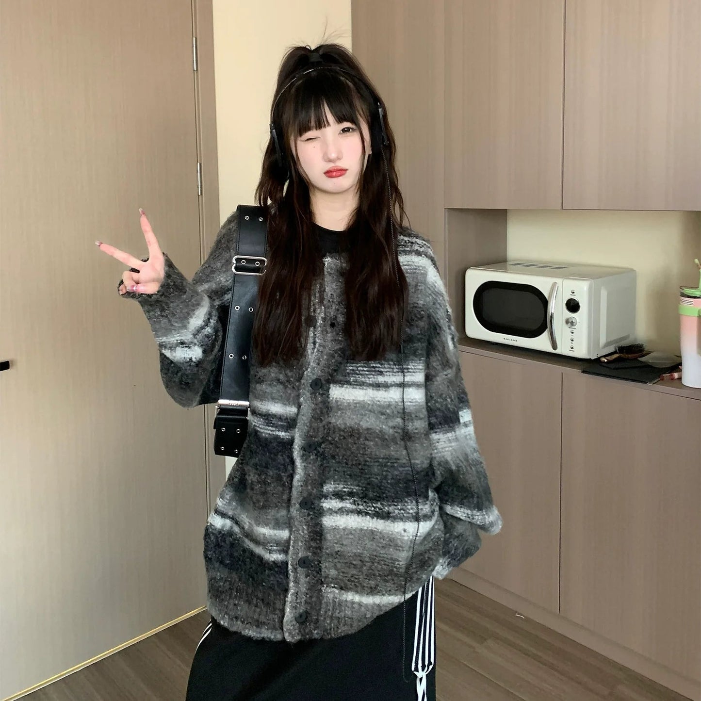 Oversized Fuzzy Striped Button-up Cardigan