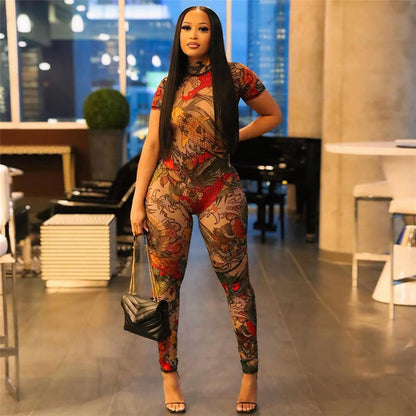 Summer Clothing Backless Printed Sheer Mesh Jumpsuit for