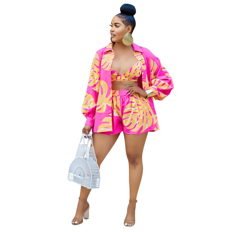 Summer Clothing Digital Printed Shirt Shorts Three Piece Set