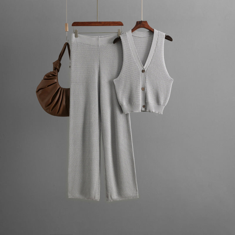 Fashionable Knitted Summer V Neck Sleeveless Vest High Waist Straight Pants Two Piece Set