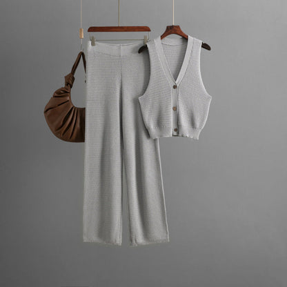 Fashionable Knitted Summer V Neck Sleeveless Vest High Waist Straight Pants Two Piece Set