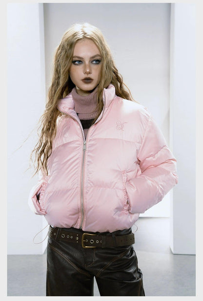 Strike a Pose Cropped Puffer Jacket - Pastel Quilted Down Coat With Zip Front and Ruched Pockets