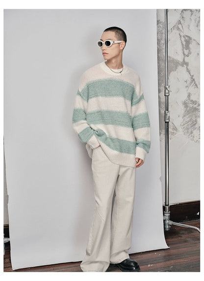 Irregular Wide-striped Oversized Round Neck Sweater