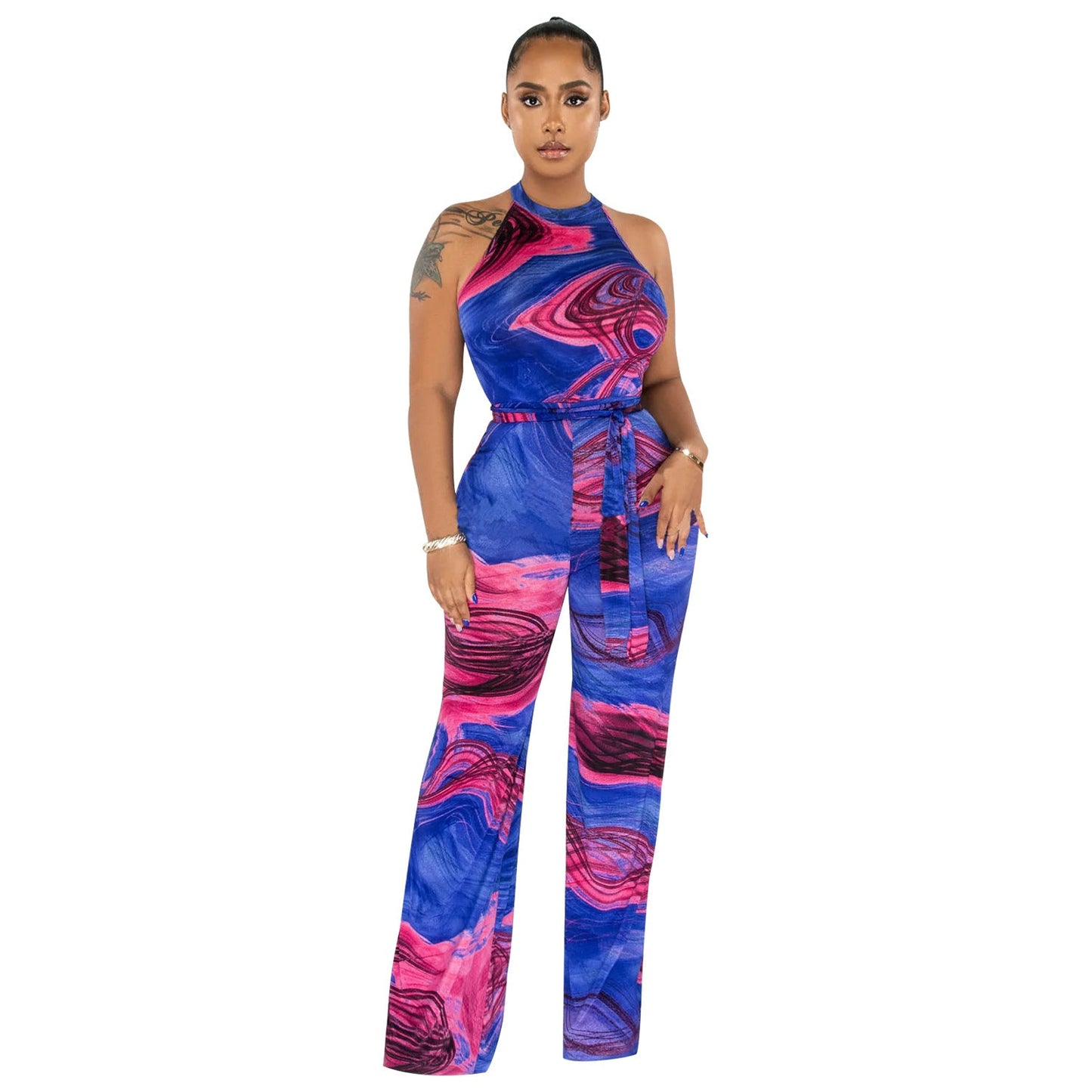 Summer Clothing Printed Sleeveless Lace Up Jumpsuit Trousers for