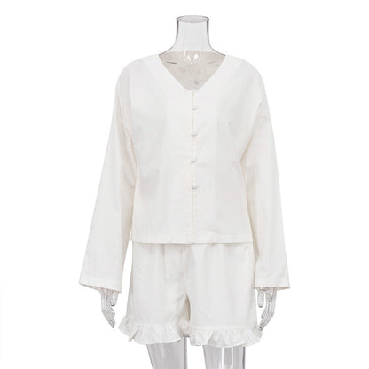 Clothing Summer Suit Beige Long Sleeve Loose Shirt High Waist Shorts Two Piece Set
