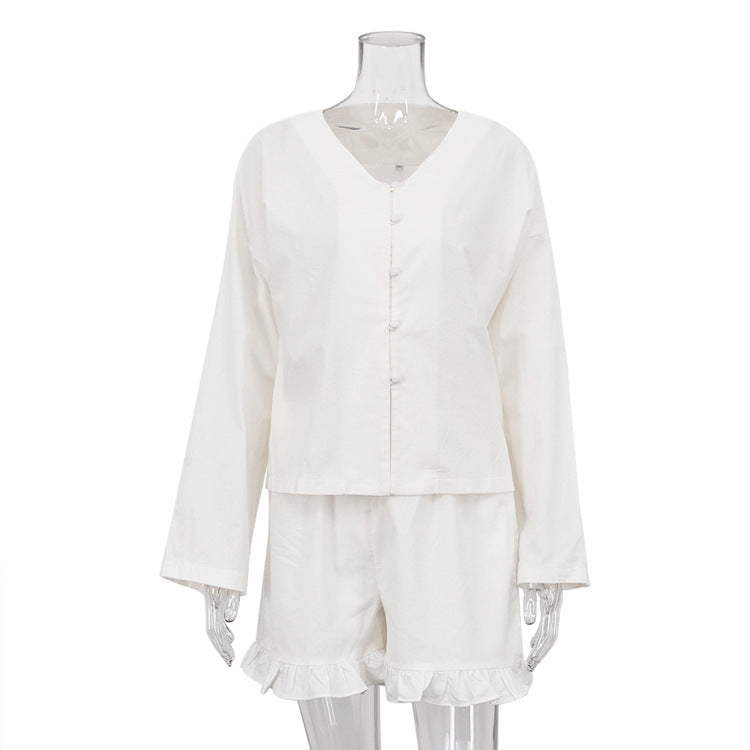 Clothing Summer Suit Beige Long Sleeve Loose Shirt High Waist Shorts Two Piece Set