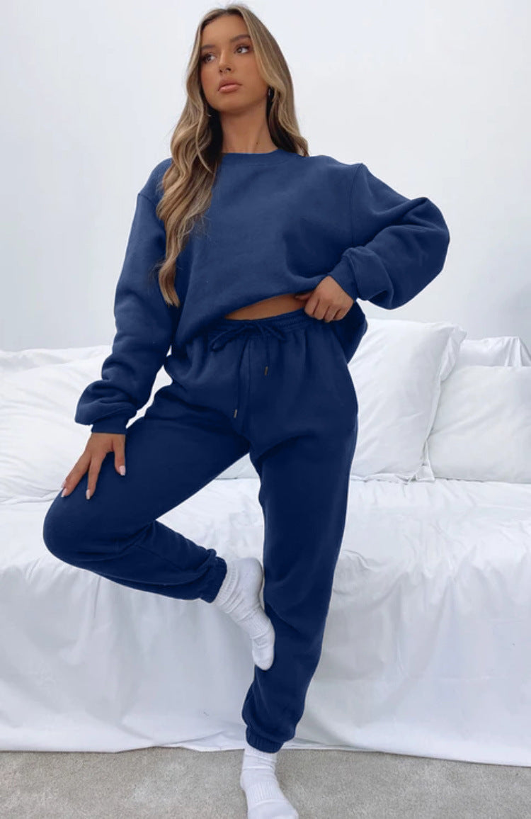 Autumn Winter Color Round Neck Pullover Long Sleeve Sweater Suit