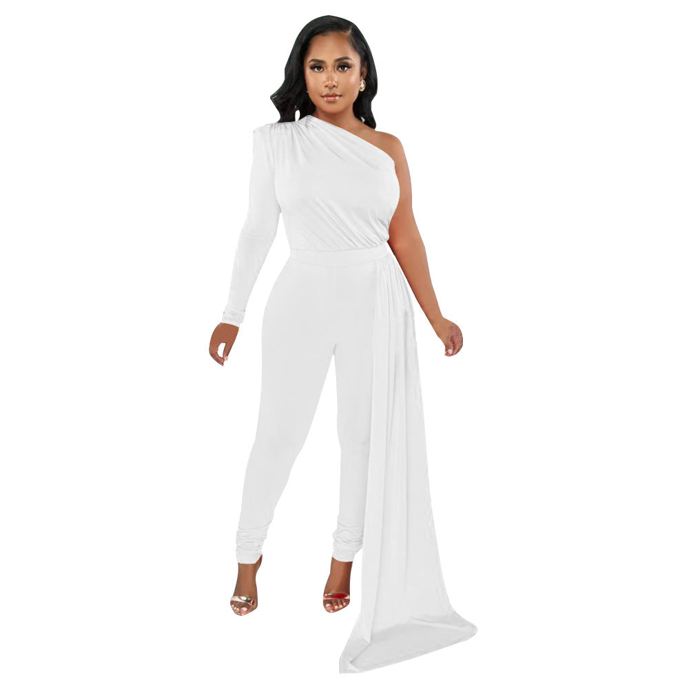 Autumn Pleated Shoulder Color Tight Jumpsuit