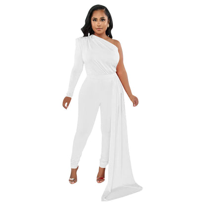 Autumn Pleated Shoulder Color Tight Jumpsuit