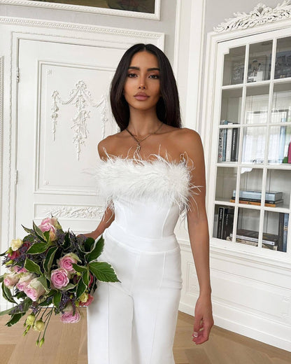 Spring Summer Clothing Deep V Plunge Feather Jumpsuit Trousers